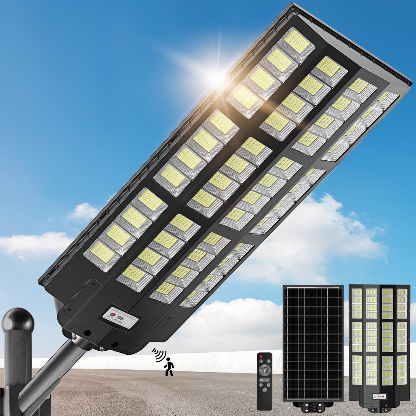 OKPRO 15000W Solar Street Light, 7000K Solar Lights Outdoor Waterproof Motion Sensor, Solar Security Light IP66 Waterproof, Solar Street Lights Outdoor Dusk to Dawn for Parking Lot, Yard, Farm(2Pack)