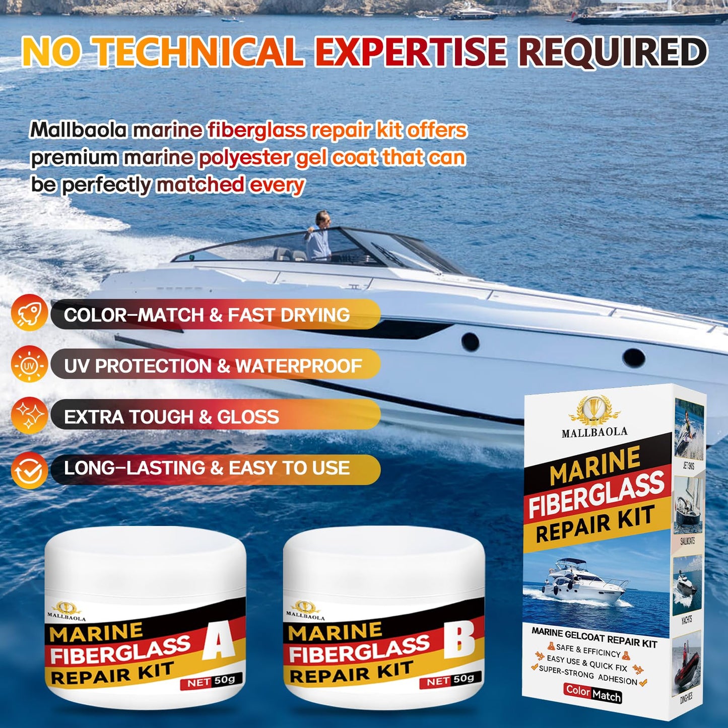 Marine Fiberglass Repair Kit for Boats, Gel Coat Repair Kit for Boats, Fiberglass Boat Repair kit, Epoxy Filler for Fiberglass Boats, Fiberglass Kit Fix Holes Chips Pits and Deep Cracks (Color Match)
