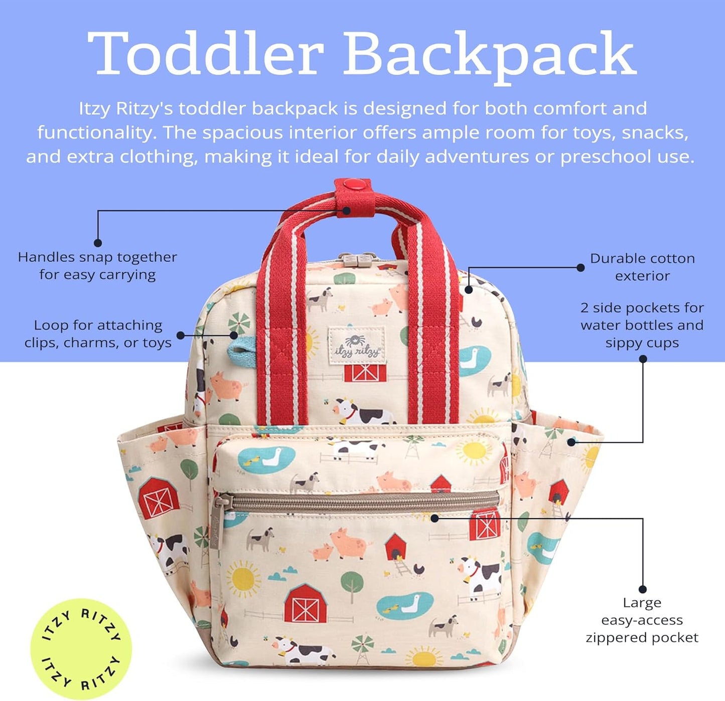 Itzy Ritzy Toddler Backpack - Daycare Bag - Features Adjustable Shoulder Straps, 2 Side Pockets & Spacious Interior with Wipeable Fabric Lining & Name Label, Strawberry Backpack