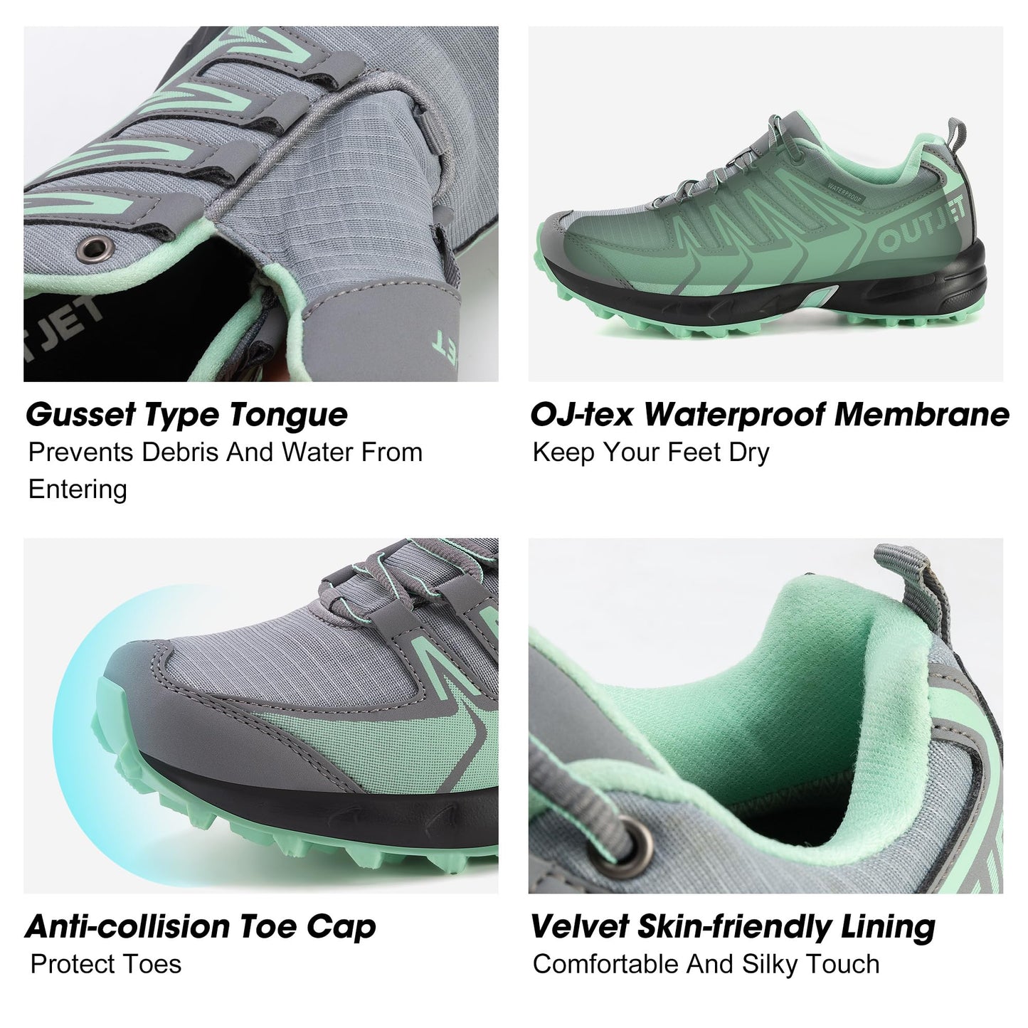 OUTJET Women's Waterproof Hiking Shoes Lightweight Non-Slip Trails Walking Shoes Outdoor Sneakers Green