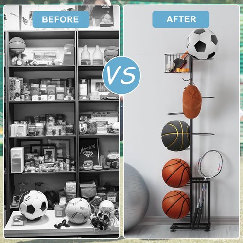 Basketball Ball Storage Rack 7 Tier Standing Basketball Holder Vertical Garage Ball Storage Ball Sports Equipment Storage Organizer with Baskets and Hooks for Volleyball Football Badminton, Black