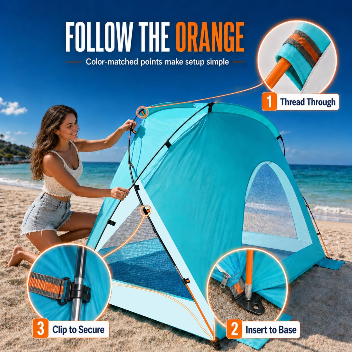 Beach Tent, Portable Sun Shelter for 2/3/4/6-8 Person with UPF 50+ UV Protection, Easy Setup Waterproof Beach Shade Canopy Cabana for Family Outdoor and Picnics, Fishing with Carrying Bag