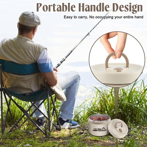 TAZKZZY Fishing Bait Container with Handle, Insulation Design and Breathable Hole, Stainless Steel Live Bait Storage Tank, Worm Container for Nightcrawlers, Keeps Live Bait Fresh and Alive, 600ML