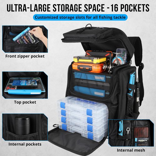 PLUSINNO Fishing Backpack With Rod Holder, 42L Water-Resistant Fishing Gear Tackle Box Backpack, Fishing Tackle Bag For Men