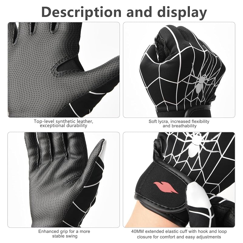 Youth Baseball & Softball Batting Gloves for Kids with Super Grip Fit - Spider Black/Youth M/L (6in-6.5in)