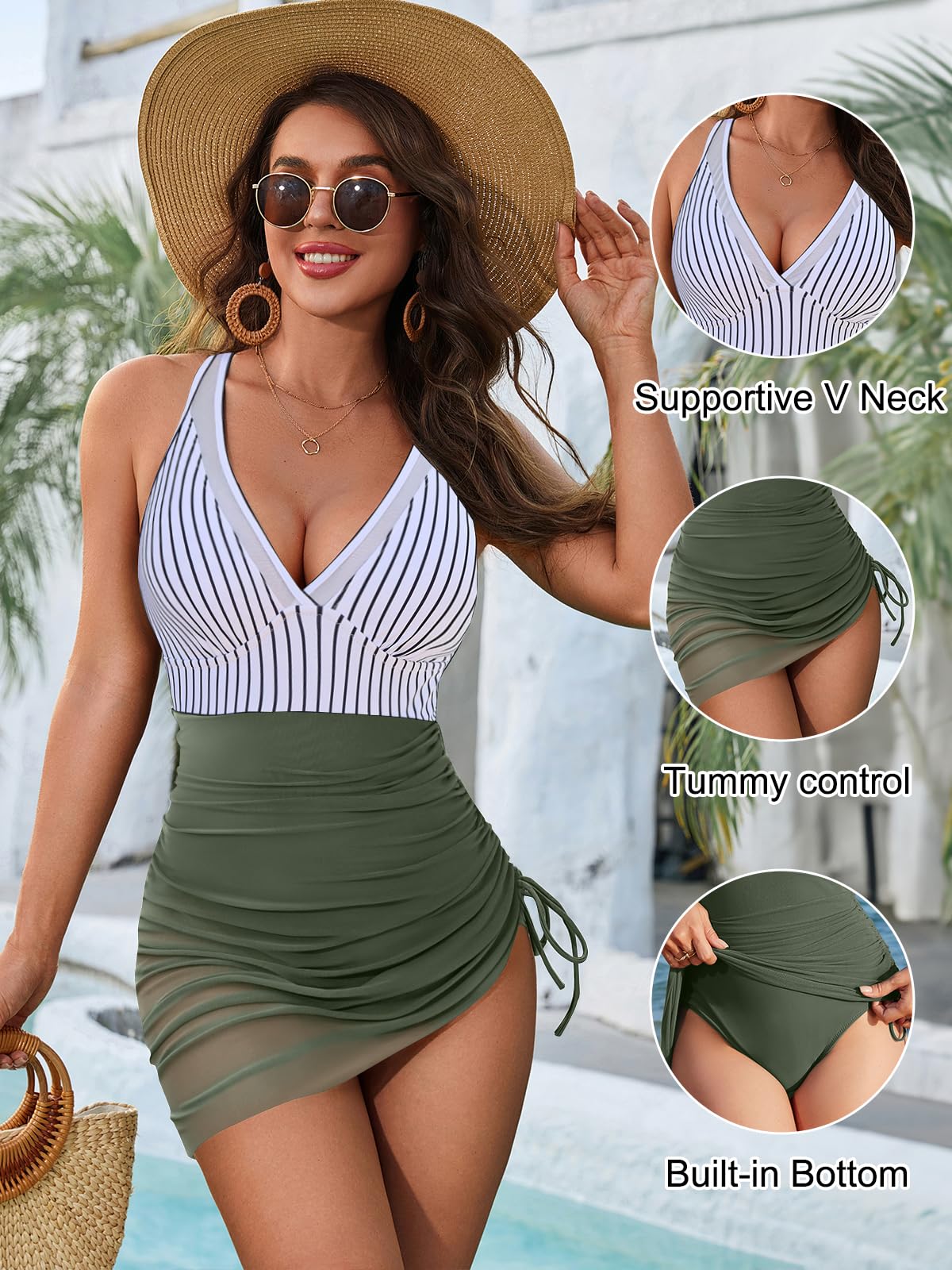 Blooming Jelly Women One Piece Swimsuits Tummy Control Swim Dress Slimming Drawstring Bathing Suit Skirt (XL, Army Green Stripes)