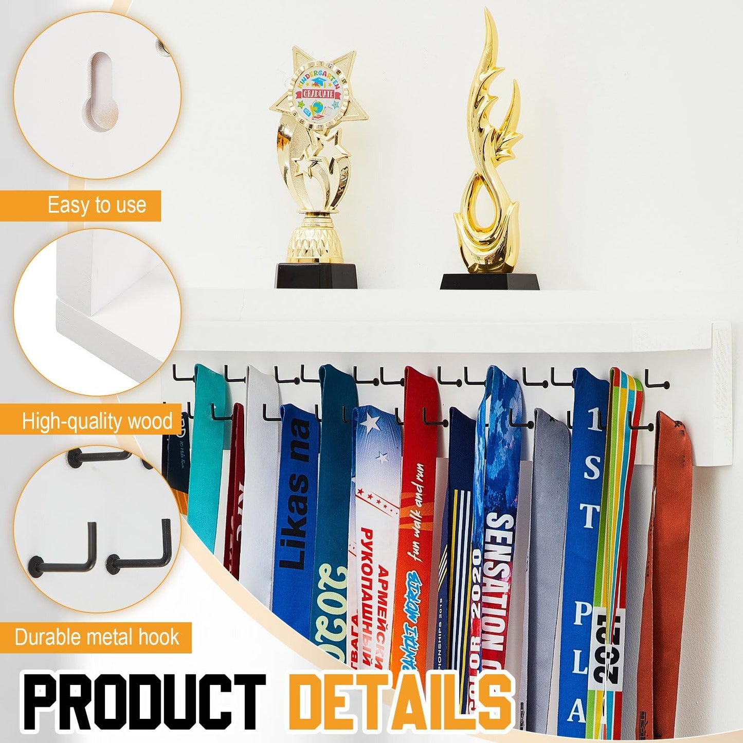 Threehoney Wooden Medal Hanger Display Trophy Holder Shelf with 25/37/49/65/83 Hooks Wall Mount Ribbon Holder Gift for Gymnastics Running Soccer Awards(2ft/24inch,White Shelf Black Hooks)