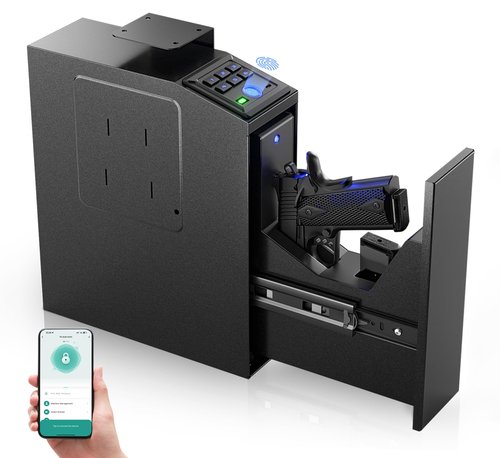 Gun safe, Biometric Slider safe for handgun, 4 Ways Unlock with Fingerprint, Key Access, PIN Code, Mounted Nightstand Pistol Safe and Gun Lock Box for Car, Truck, Desk, Bedside, Wall