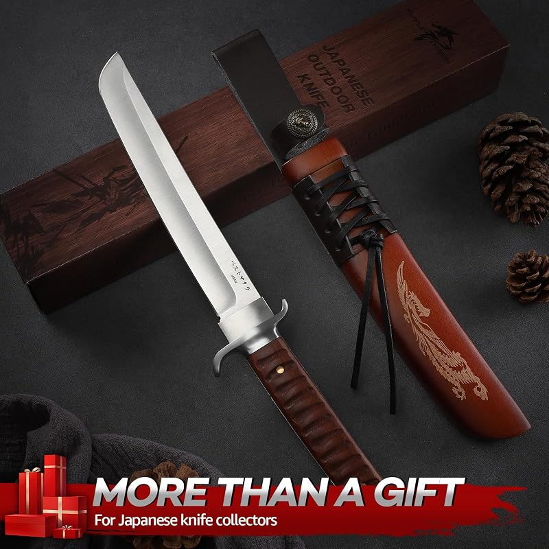 Fixed Blade Knife with Walnut Sheath - Japanese Tanto D2 Steel, Engraved