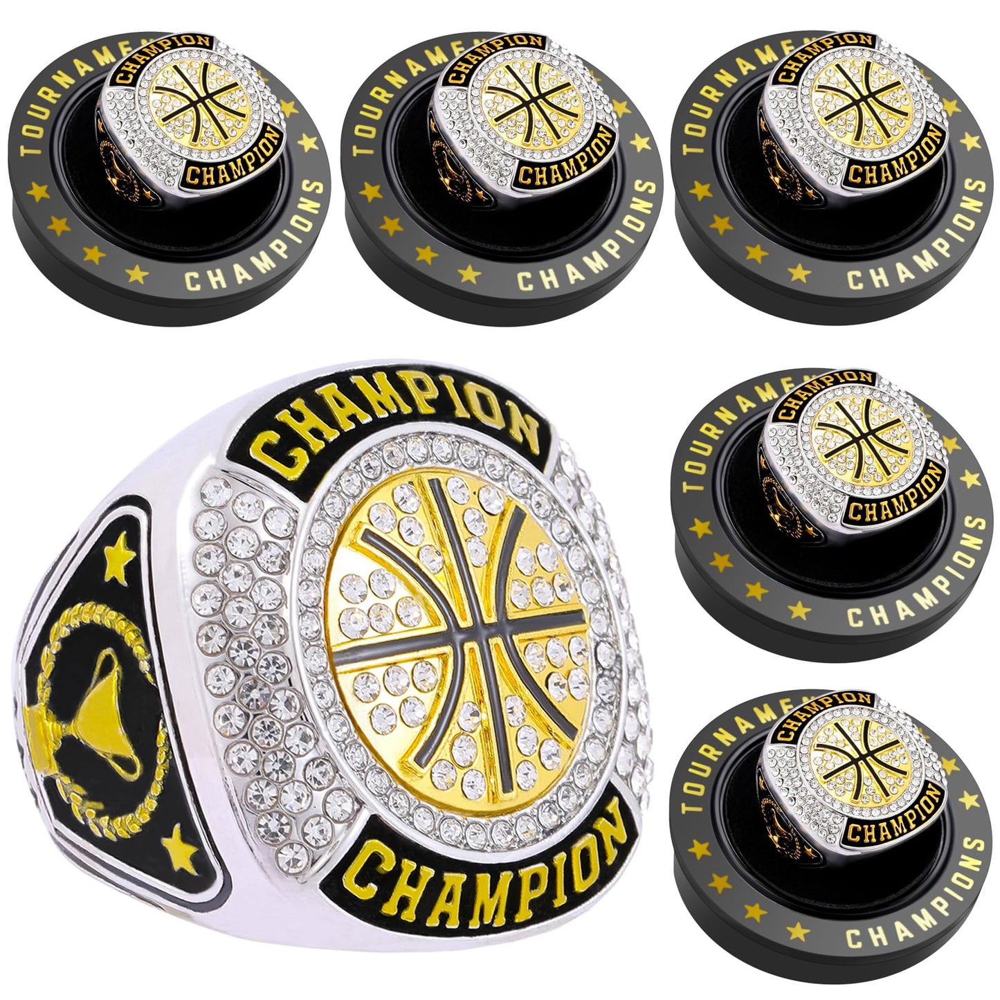 12 Pcs Basketball Championship Rings Basketball Ring Sport Ball Trophy Award Gift With Display Neck Chain and Stand for Tournament or League Champion Winner (6pcs gold basketball rings, size 11)