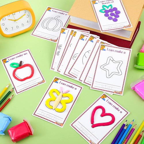 Geyoga 72 Pcs Alphabet & Shape Play Dough Mat for Toddler Rainbow Star Flower Play Mats Card for Clay or Dough Preschool Learning Accessories for Toddler Kid 2-6 Years Back to School Classroom