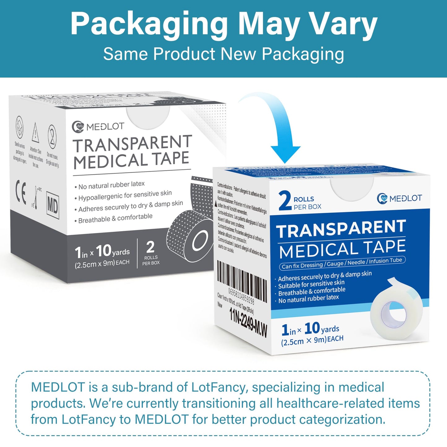 LotFancy Clear Medical Tape 1" x 10 Yd, 2 Rolls Waterproof Surgical Tape for Wound Dressing Care, Hypoallergenic First Aid Tape for Sensitive Skin, Latex Free & Transparent