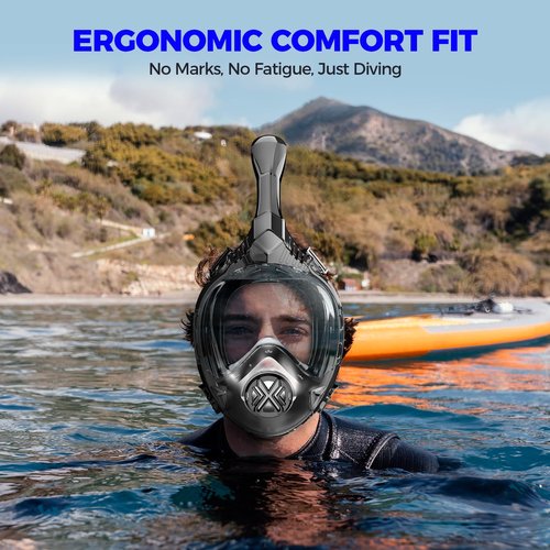 WONDSY Full Face Snorkel Mask for Adults, Snorkeling Gear for Kids, Anti-Fog & Anti-Leak Design with 180° Panoramic View, Dry Top Breathing System, Ideal for Scuba Diving, Snorkeling (Black, L/XL)