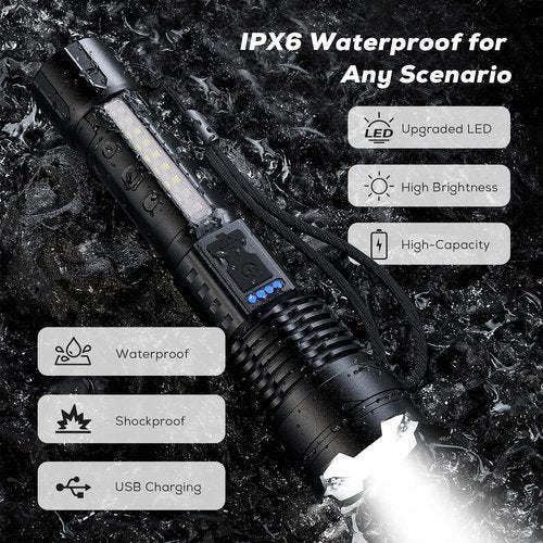 Rechargeable Flashlights High Lumens 10000lm, 7mode Flashlights Rechargeable Super Bright High Powered Flash Light Adjustable Tactical Flashlight LED Flashlight for Emergency Home 2pcs (2)