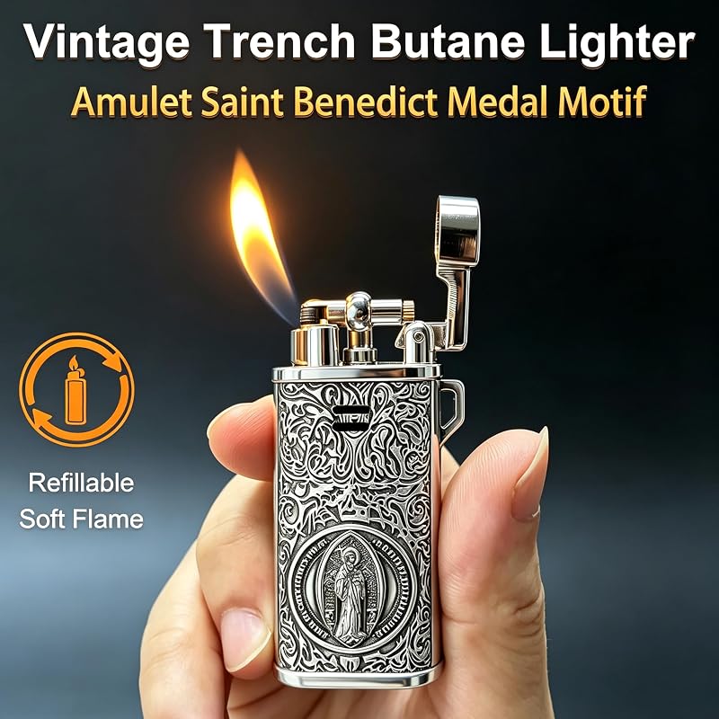Vintage Butane Lighter with Saint Benedict Medal Motif, Refillable Pocket Trench Lighter