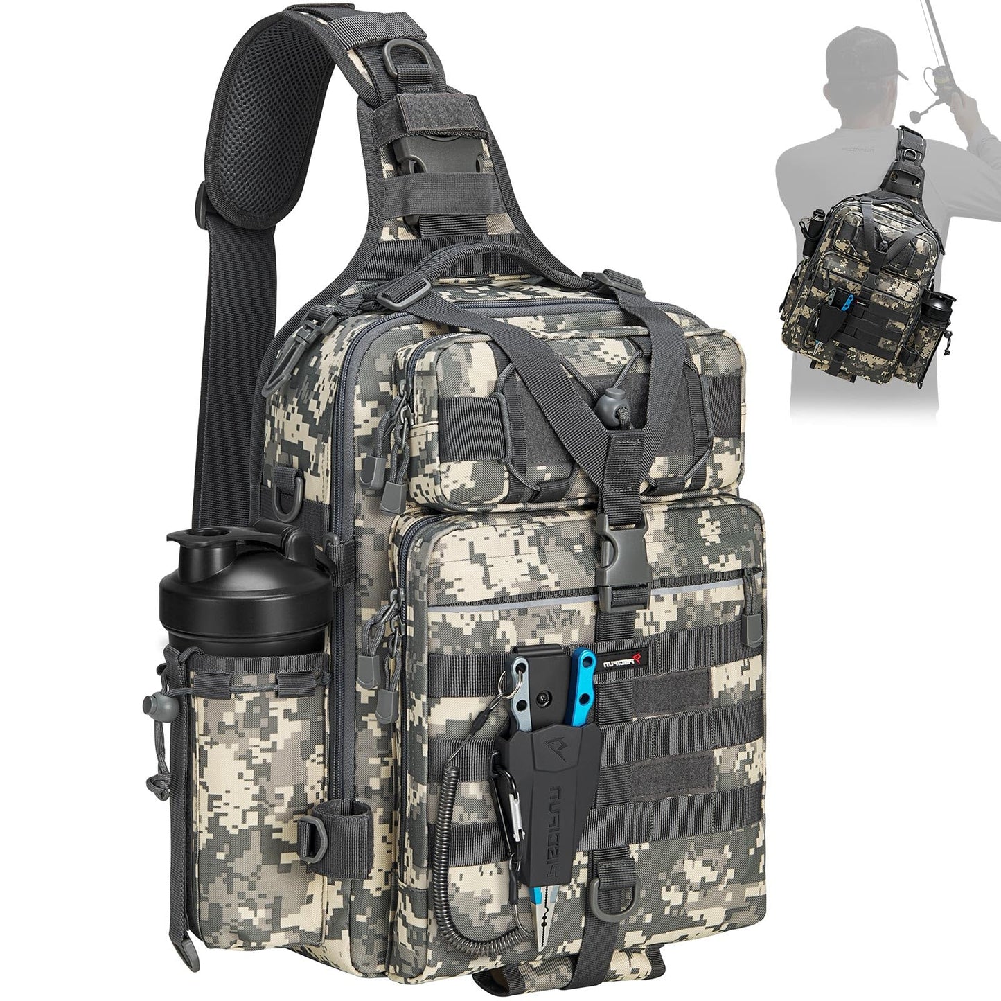 Piscifun Fishing Backpack Tackle Bag with 2 Rod Holders, Multi-Compartment Storage, MOLLE System, Water-Resistant Lightweight Outdoor Pack, Double Shoulder Digital Camouflage Large
