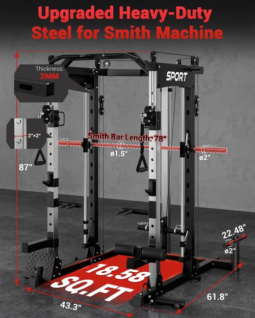 GarveeLife Smith Machine Home Gym, 2200LBS Squat Rack Power Cage, All in One Home Gym Workout Station with Smith Bar, LAT Pull-Down, Cable Crossover System and More Attachments