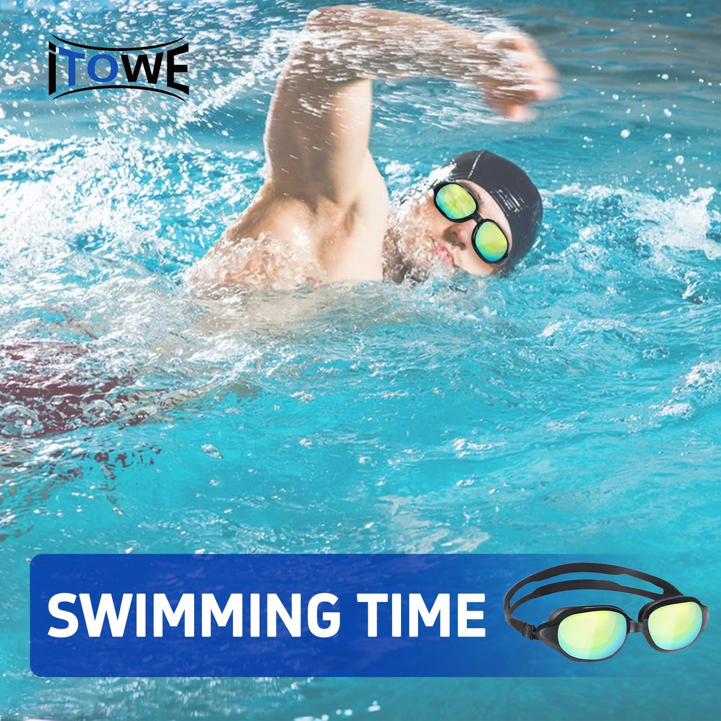 ITOWE Swim Goggles Swimming Goggles for Adult Men Women Youth Mirrored, Pool Water Swim Goggles Black Anti Fog UV Protection Soft Silicone Large Frame Design Beach