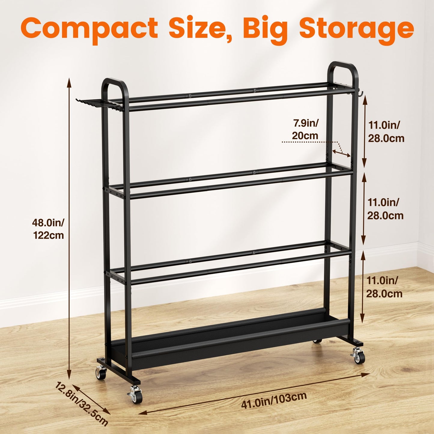 Josmimic Adjustable Basketball Rack with Wheels, 4-Tier Sports Ball Storage Cart for Basketball Football Volleyball Soccer & More, Holds up to 20 Balls