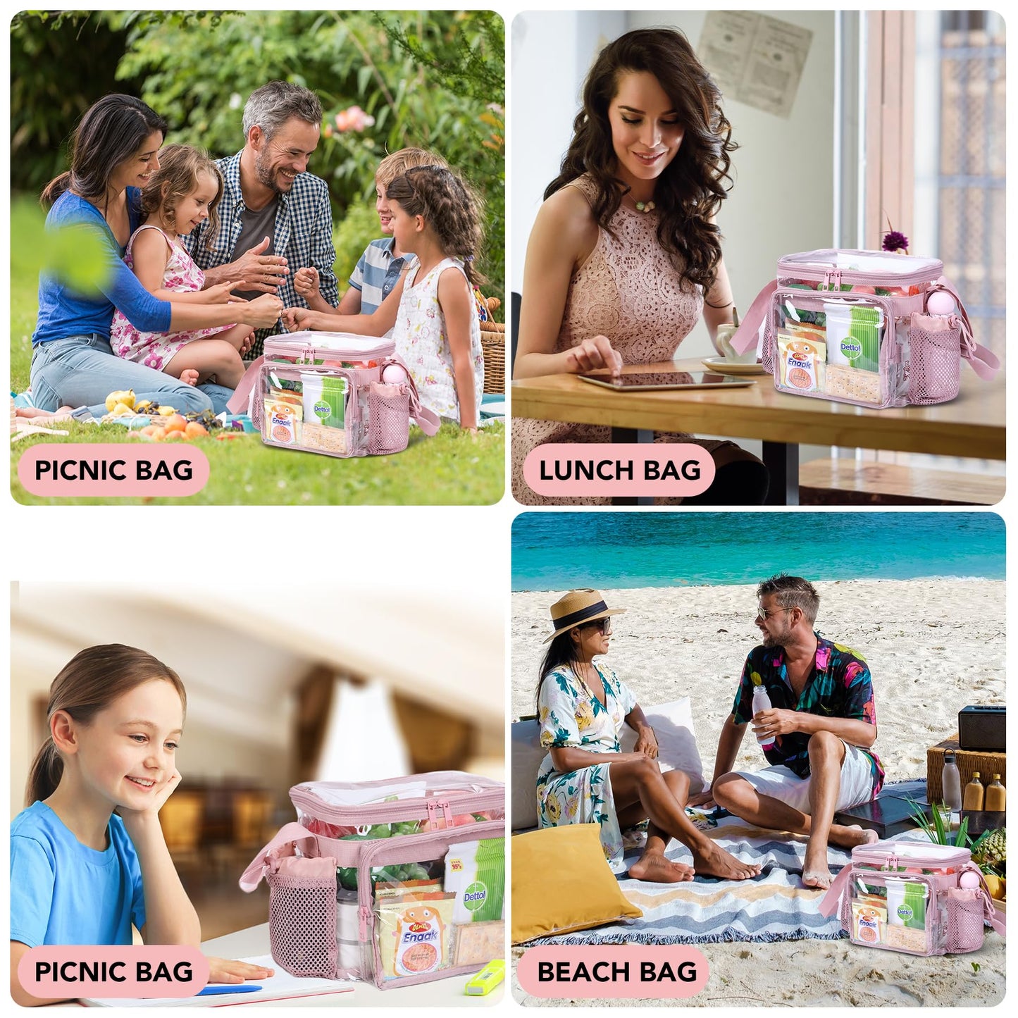 BORMELUN Clear Lunch Bag for Work - Heavy Duty Transparent Lunch Box for Men and Women - Stadium Approved for Correctional Officers Plastic Lunch Bag (pink)