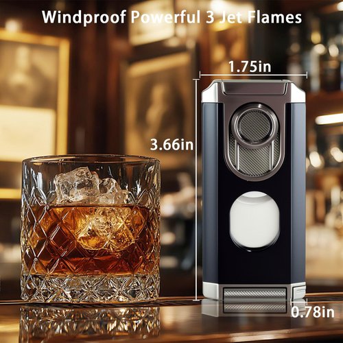 5-in-1 Windproof Torch Lighter with Cutter, Punch, Holder, Draw Enhancer Tool, 3 Jet Flames Butane Lighter Accessories Gift for Men (Butane not Included) (Black)