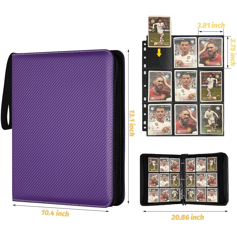 9-Pocket 3-Ring Card Binder 720 Capacity Purple – Zippered PU Album for TCG & Sports Cards (Variation: Carbon Purple+9 Pocket 720)