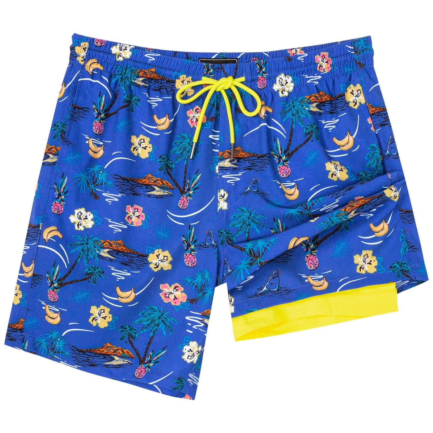 SURF CUZ Mens Swim Trunks with Compression Liner Quick Dry Swim Shorts 7" Swimming Trunks Stretch Zipper Pockets,Summer Hawaii,XXL