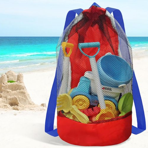 Mesh Beach Bag Drawstring Beach Backpack Foldable Toy Organizer Pouch Shell Basketball Mesh Backpack Large Capacity Swim Bag (Red)