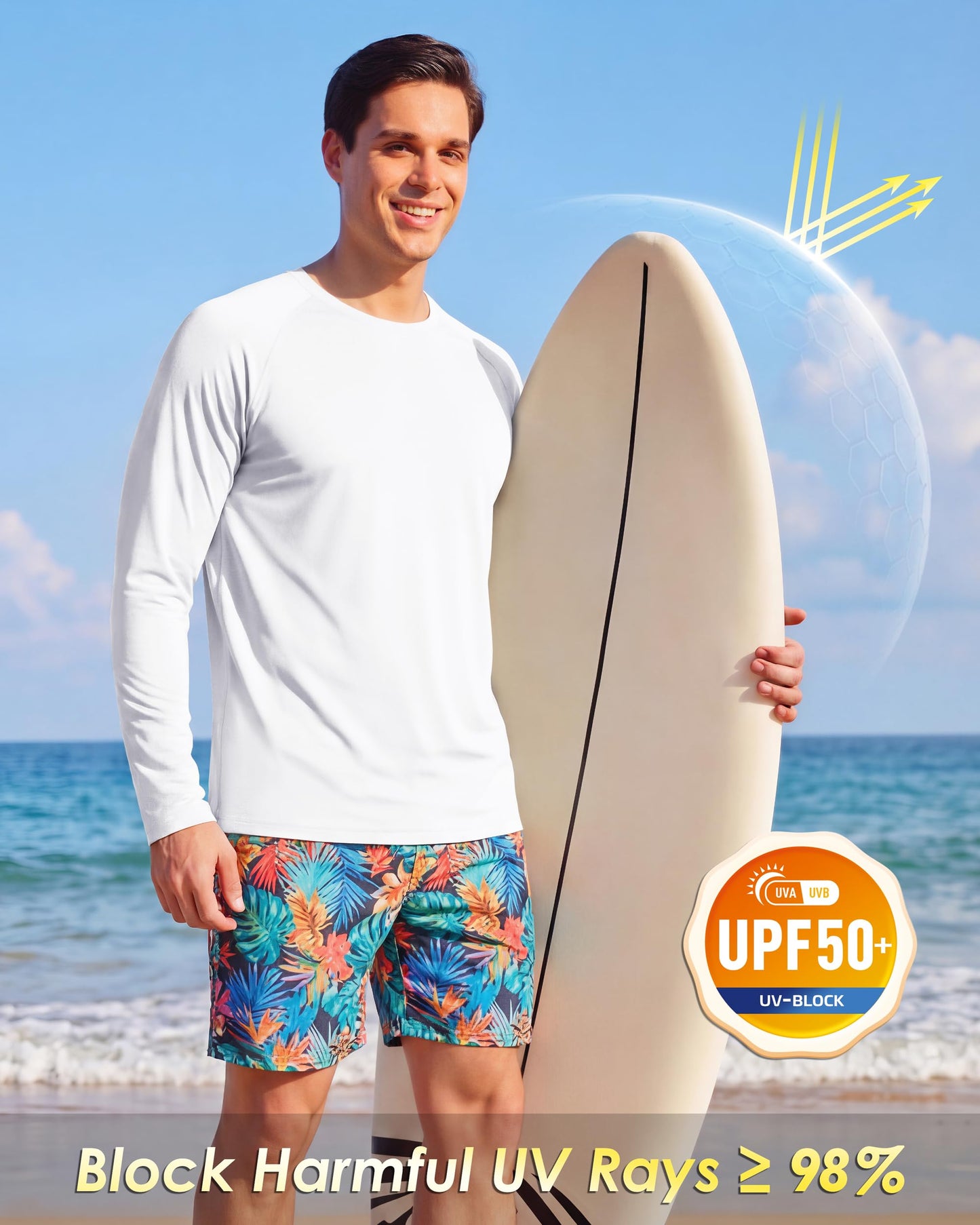 Boladeci Rash Guard for Men SPF Shirts Long Sleeve Lightweight UPF 50+ Sun Protection Swim Shirts Quick Dry UV Surf Water Running Fishing Tee T-Shirts White