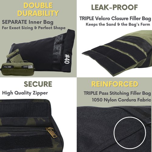 Polyfit Sandbag Pro - Workout Sandbag with Triple Closure Filler Bag and Reinforced Nylon Webbing - Black Camo - 80LB