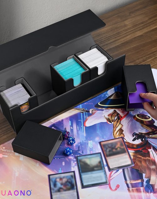 UAONO Card Deck Box with Dice Tray for MTG, 5 in 1 Card Deck Case Holds 800+ Unsleeved Cards, Strong Magnet Organizer Compatible with Yugioh TCG Sports Cards (Black)