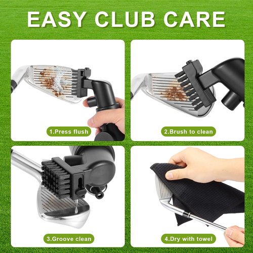 Go Pal Golf Club Cleaner: 5oz Portable Water Bottle Golf Club Brush with Groove Cleaner, Nylon Bristles, Towel, Retractor, Push Button for Easy Cleaning - Golf Club Bag Accessories for Men Women