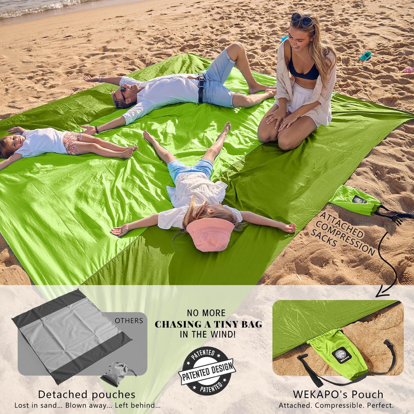 WEKAPO Beach Blanket - Sandproof Waterproof Extra Large Beach Mat | Oversized Sand-Free Lightweight Quick-Drying | Beach Vacation Essentials with Stakes & Corner Pockets (Green, 9x7 FT)