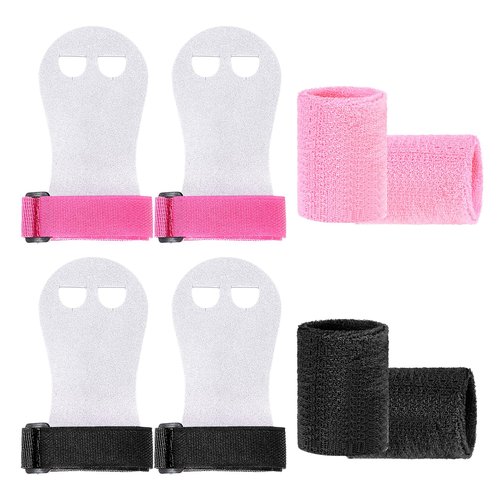 AOZUO 4 Gymnastics Gloves for Bars Girls, Gymnastics Grips Wristbands Sets Pink Black Gymnastic Hand Grips with Wristbands Gymnastic Bar Palm Protection Wrist Support for Kids Workout Exercise(S)