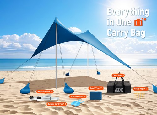 Vibemo Beach Tent, UPF50+ Sun Shelter, 10x10ft Outdoor Canopy with Sandbags, Ground Pegs, Stability Poles & Sand Shovel, Portable Sun Shade for Traveling, Camping, Fishing, Picnics & Backyard Fun