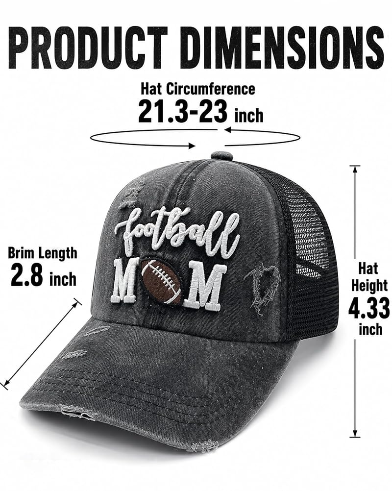 Football Mom Distressed Ponytail Trucker Hat for Women - Black