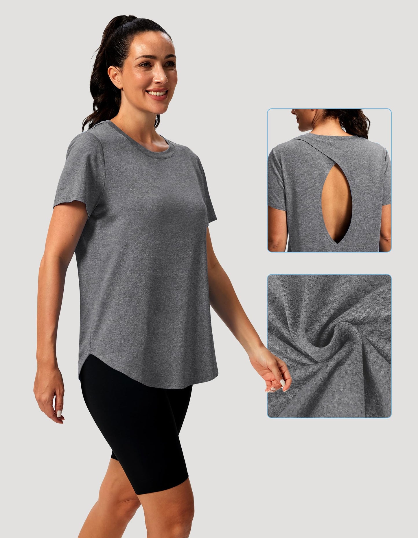 Alaroo Open Back Tops for Women Workout Shirts Short Sleeve Yoga Gym Clothes Summer Beach Vacation Sun Protection Clothing Grey XL