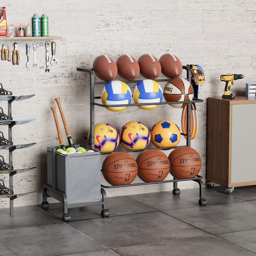 Ball Storage Rack, Adjustable Basketball Holder Display Stand with Ball Basket Bin Hooks, Outdoor Ball Cart with Wheels for Soccer Football Tennis Baseball, Sport Equipment Organizer for Garage Gym
