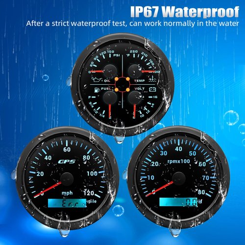 ARTILAURA Boat AUTO 3 Gauge Set- GPS Speedometer, Tachometer,4in1 Fuel Level/Water Temperature/Oil Pressure/Voltmeter, 85mm 7 Color Marine Gauges Kit (All Black)