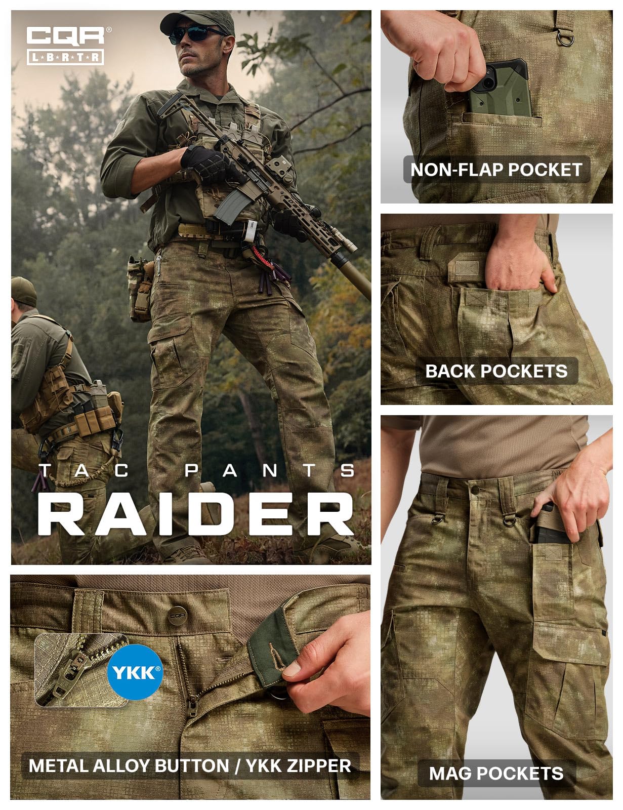 CQR Men's Tactical Pants, Water Resistant Ripstop Cargo Pants, Lightweight EDC Work Hiking Pants, Outdoor Apparel, Duratex Mag Pocket Print Fractal Camo, 44W x 30L