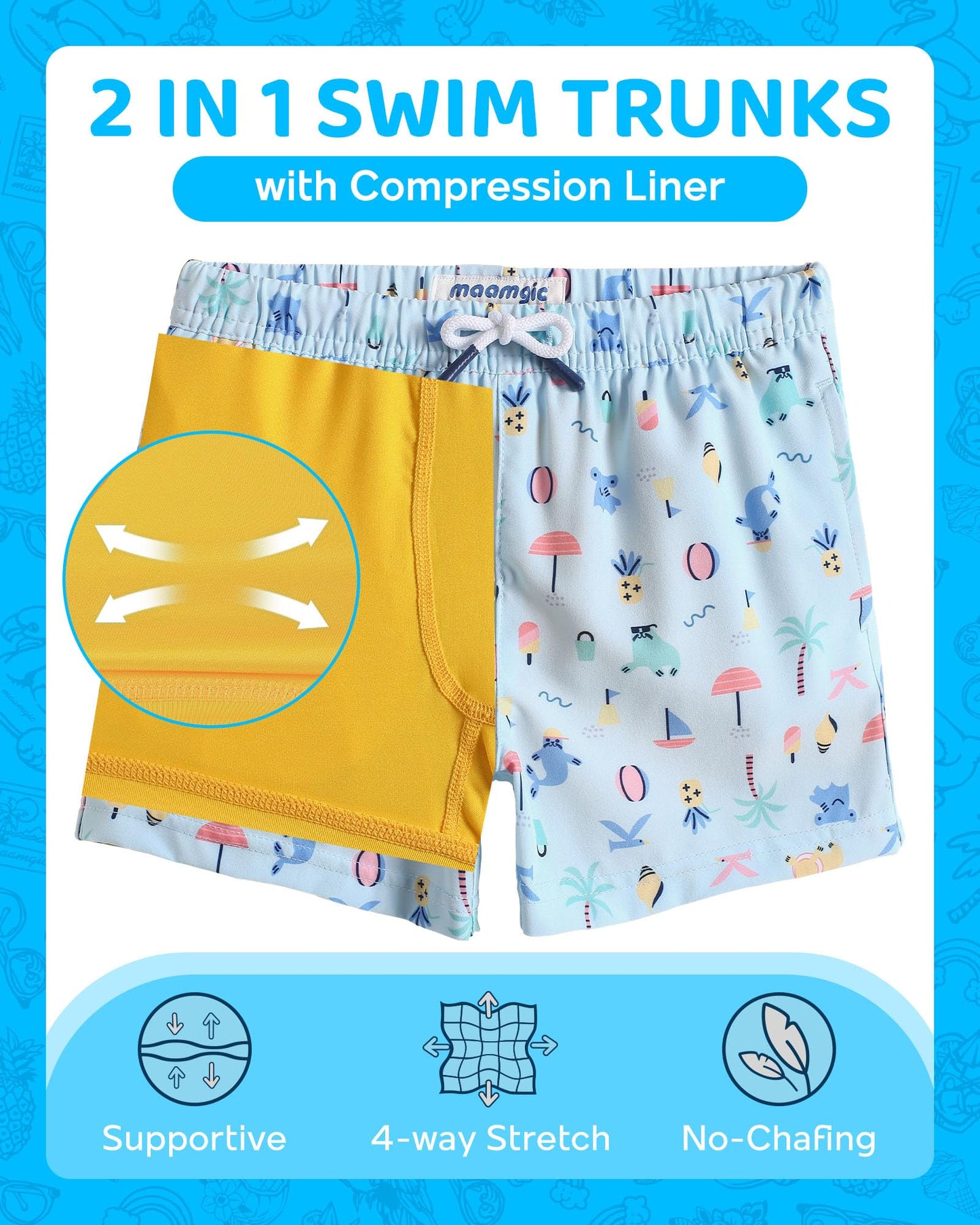 maamgic Boys Swim Trunks with Compression Liner Toddler Boy Swimsuit Quick Dry 4-Way Stretch Swimming Trunks Funny Pale Blue 10-12 Years