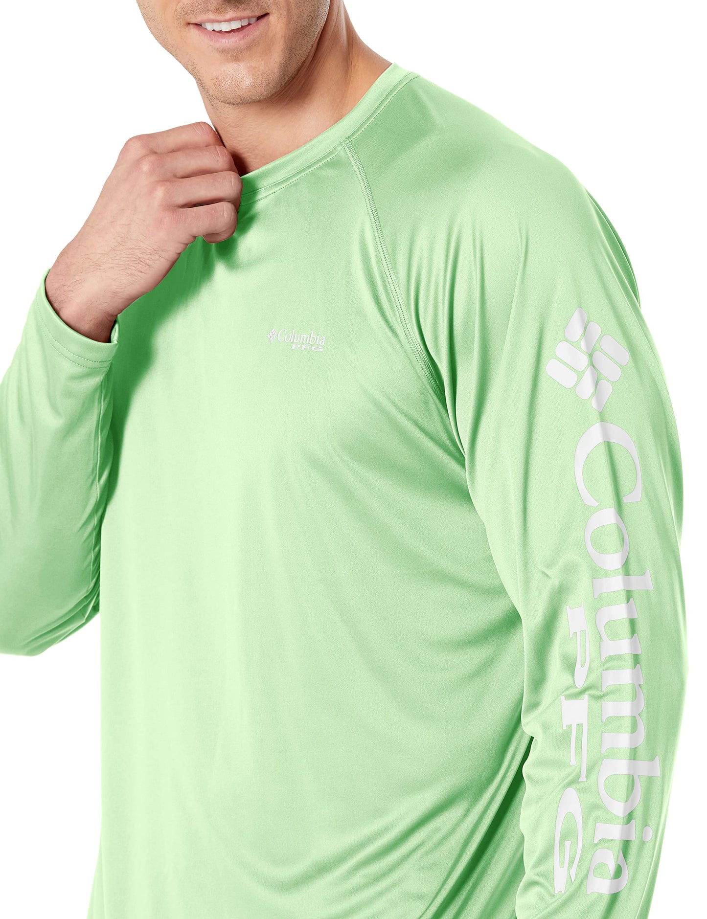 Columbia Men’s PFG Terminal Tackle Long Sleeve Shirt, Sun Protection, Lime Glow/White Logo, X-Small