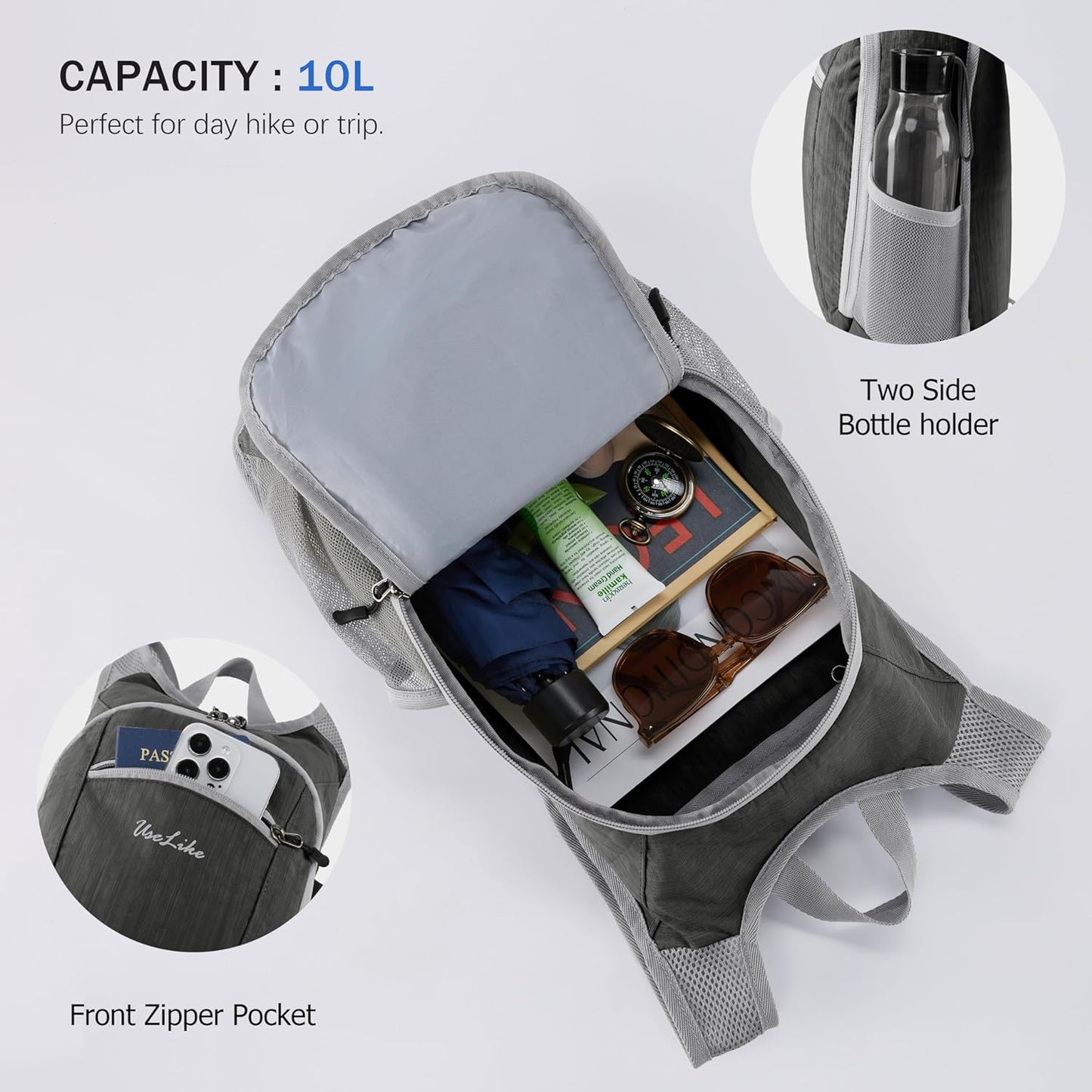 10L Small Hiking Backpack Travel Daypack Lightweight Packable Back Pack for Women Men(Black)