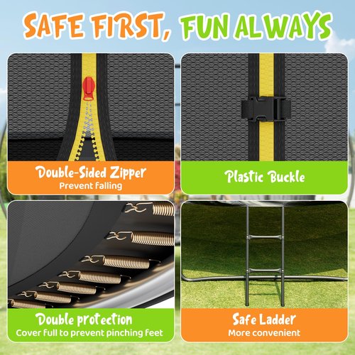 Gigu 14ft Home Trampoline - T-Socket Reinforced Frame, Double Zipper Entry, Ladder Included, Outdoor Specific Yard for Adults Kids