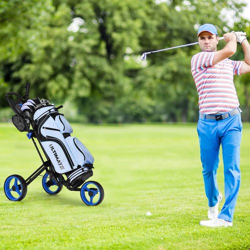GYMAX Folding Push Cart, 3 Wheel Height Adjustable Lightweight Golf Trolley W/Umbrella Holder & Mesh Bag, Quick Open Fold Cart (Blue)