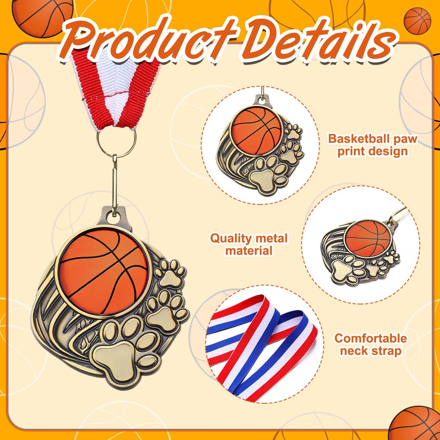 Trnayi 20 Pcs Basketball Paw Print Medals with Neck Ribbons 2'' Gold Medal for Awards Winner Encourage Team Participation for Kids Adults Trophy Award Prize Gift Team Competitions Party Favor Gifts