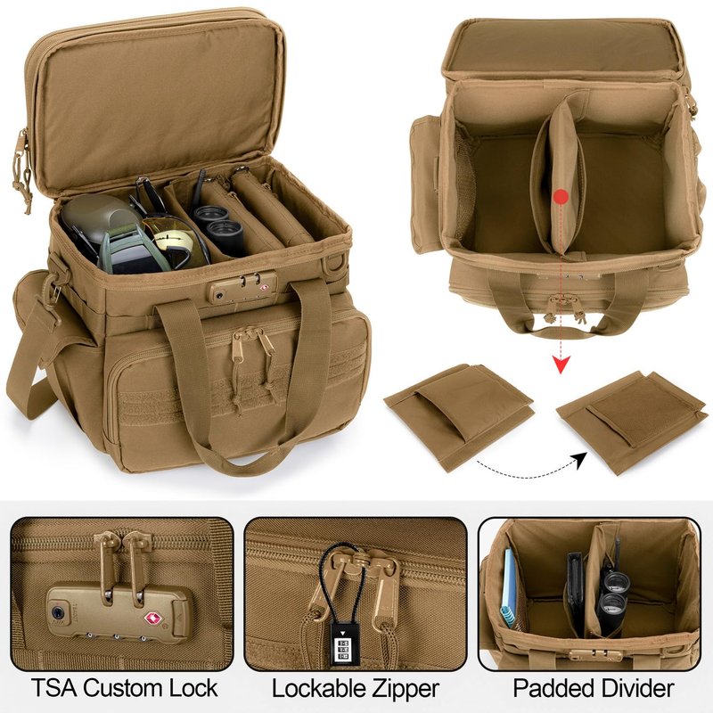 GOBUROS Tactical Gun Range Bag with 3 Pistols Capacity and TSA Lock, Gun Duffle Bag with 2 Small Pistol Cases and 12x Magazine Slots, Multi-Pockets for Hunting and Shooting Range Gear, Khaki