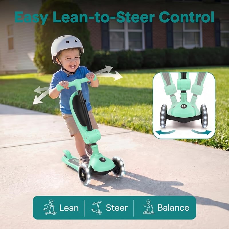 SereneLife 3-Wheel Kids Scooter with Seat, LED Wheels – Mint Green