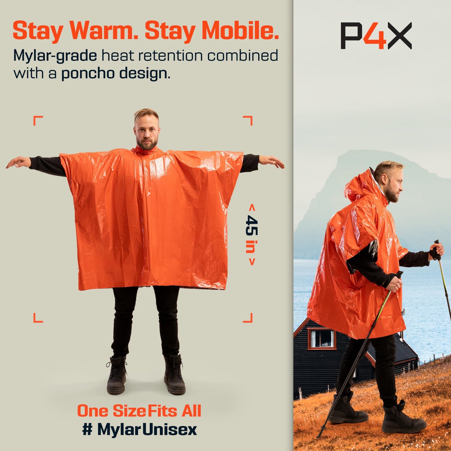 PREPARED4X Emergency Mylar Poncho – Survival Rain Poncho with Hood – Lightweight, Compact, Reusable Emergency Blanket Poncho for Hiking, Camping, Thermal Gear, Car Kit, Outdoors – 4 Pack (Orange)