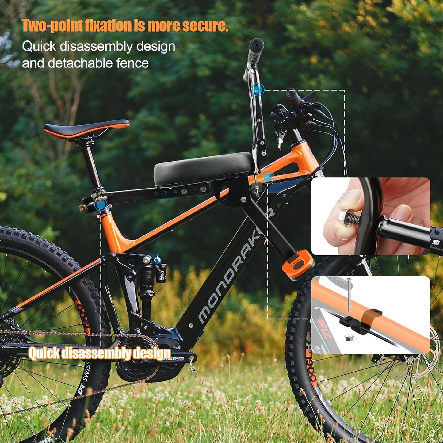 Kids Bike Seat with Handlebar Attachment, Detachable Front Mounted Child Bicycle Seats with Foot Pedals for Children 2~5 Years, Compatible with All Adult Mountain Bikes (Handle+Seat)